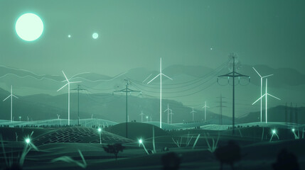 A website background that shows the green landscape with solar and wind turbines, where the natural environment blends harmoniously with the renewable energy sources.