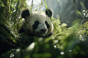 A curious young panda bear cub sits among the foliage, gazing intently as he discovers the wonders...