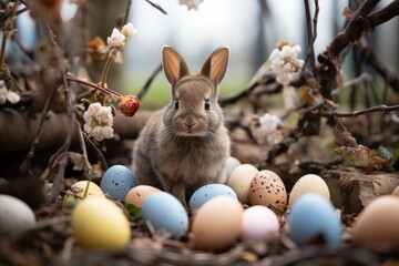 Adorable easter bunny with colorful eggs and spring flowers in garden for happy holiday celebration