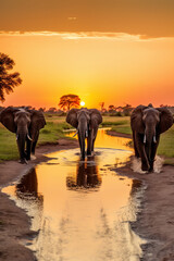 Majestic herd of elephants walking into the sunset on the African savannah