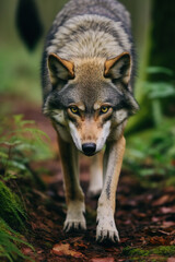 Naklejka na ściany i meble Grey wolf alert approaching on forest trail in autumn