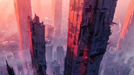 Foto op Plexiglas Aerial View of Metropolis at Night, Urban Skyline with Futuristic Skyscrapers, Concept of Modern City and Cyberpunk Scene © MdIqbal
