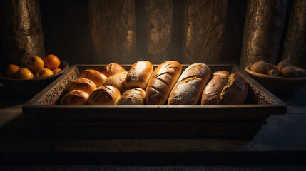 Selección de panes recién horneados en bandeja decorativa tradicional con frutas cítricas en fondo sombreado.