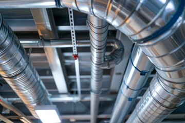 Closeup of ventilation system showcasing intricate ductwork details. HVAC, air conditioning, and heating concept for home improvement, construction, or industrial projects. Ideal for DIY tutorials