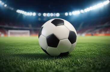 Soccer ball rests on grass of green field in front of majestic lit up, creating exciting atmosphere stadium. Scene captures essence of game, ready for action, excitement. Advertising, banner, print.