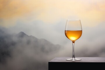 A tranquil glass of amber wine perched high above the clouds, with a mountainous mist background enveloping the scene in mystery. Wine Glass Amidst Mountain Mist
