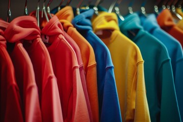Bright and colorful hoodies on hangers in a wardrobe closet. Trendy sweatshirts and pullovers for fall and winter season. Clothing organization tips. Cozy casual outfit ideas for teenagers and youth.