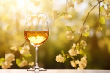 A crystal clear wine glass filled with golden wine set against a backdrop of a tree blooming with white flowers in soft sunlight. Golden Wine in Glass with Blooming Tree Background