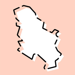 Serbia country simplified map. White silhouette with black broken contour on pink background. Simple vector icon