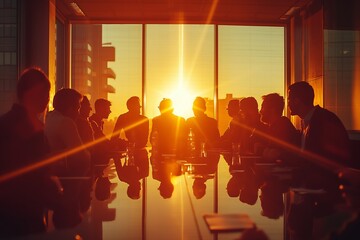 Fototapeta premium Group of colleagues celebrate success in a meeting room with a lens flare, showing support and diverse teamwork through applause
