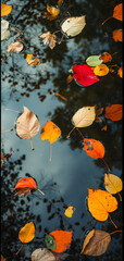 An abstract composition of colorful autumn leaves floating on a reflective water surface of a pond. Neural network generated image. Not based on any actual scene or pattern.