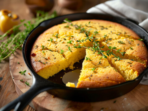 Freshly baked cornbread in cast iron skillet. Close-up with steam and rustic charm. Comfort food and southern cuisine concept. Design for culinary blog, recipe book, food magazine