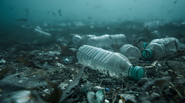ocean plastic on the sea floor: underwater picture of trash waste and garbage like bottles on the floor of the ocen