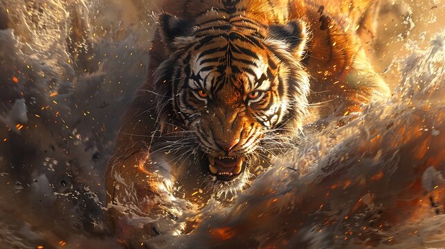 Color artwork depicting a ferocious tiger wielding its claws, leaving behind traces of its swift movement. The tiger's gaze is intense and awe-inspiring, capturing nature of this majestic creature.