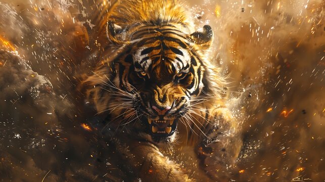 Color artwork depicting a ferocious tiger wielding its claws, leaving behind traces of its swift movement. The tiger's gaze is intense and awe-inspiring, capturing nature of this majestic creature.