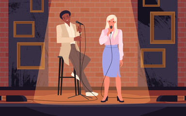 Two talent artists standing on theater stage in spotlight with brick wall, people holding microphones for jokes contest cartoon vector illustration