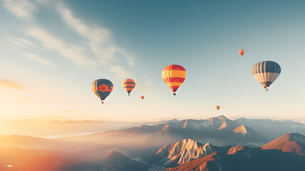 wide foggy mountain range landscape with colorful hot air balloons flying in the sky  - Powered by Adobe