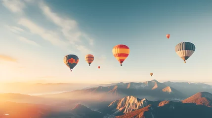 Foto op Plexiglas wide foggy mountain range landscape with colorful hot air balloons flying in the sky  © Jakob
