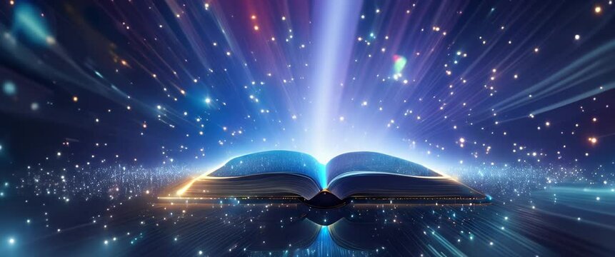 Cosmic Knowledge Radiating Energy. The opened book's pages glow, radiating light and star patterns into the dark space, suggesting a universe of information contained within.