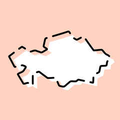 Kazakhstan country simplified map. White silhouette with black broken contour on pink background. Simple vector icon