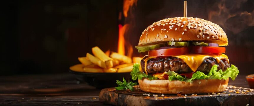 A juicy cheeseburger with lettuce, tomato, and cheese, alongside a portion of fries, presented on a rustic wooden board with a fiery background. Panorama with copy space..