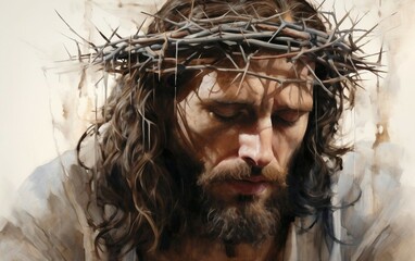 Inspiring Portrait: Jesus Wearing Crown of Thorns Isolated on White Background.