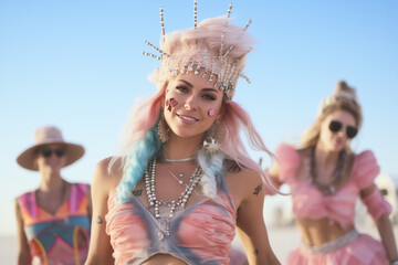 smiling girl in costume at a summer festival in desert with friends, happy, cheerful, wearing fancy outfit hats glitter dust jewels fashion beauty bare shoulders fun party flamboyant colorful carnival - obrazy, fototapety, plakaty