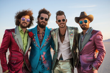 group of friends at a summer festival in desert with fancy glittering colorful costume, smiling bearded men with sunglasses, hat jewels fun party exuberant flamboyant bright carnival