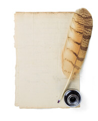 Old paper sheet with quill pen and ink bottle isolated on a white background
