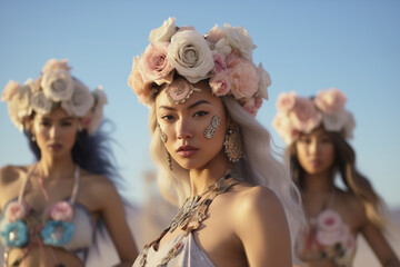 summer festival participants in desert with fancy costume three women serious face asian fashion beauty blond pink roses in hats jewels bare shoulders fun party exuberant flamboyant bright carnival