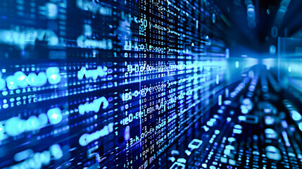 Abstract technology and digital coding background, binary data and programming concept in blue and black
