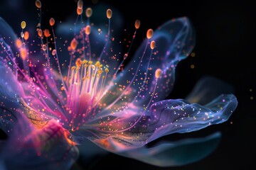 3D hologram of a flower with particles on black. Digitally rendered blooming rose with glowing dots. Modern floral background for virtual reality, augmented reality, or innovative tech projects.