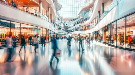 Abstract shopping mall interior, blurred motion of customers, retail and consumerism concept, modern lifestyle