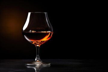 A lavish glass of brandy captures the light, creating a warm, inviting glow against the dark, sophisticated backdrop. Luxurious Brandy Glass on Dark Elegant Background