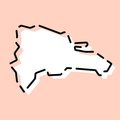 Dominican Republic country simplified map. White silhouette with black broken contour on pink background. Simple vector icon
