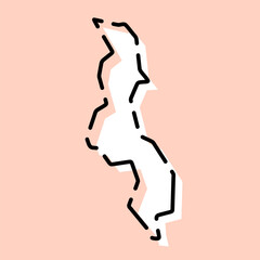 Fototapeta na wymiar Malawi country simplified map. White silhouette with black broken contour on pink background. Simple vector icon