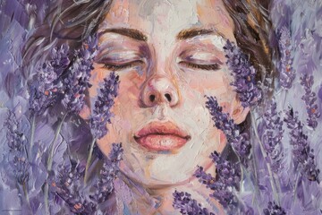 Impressionist painting of a woman's serene face surrounded by lavender flowers, capturing tranquility and beauty. Concept of art, nature, and serenity.
