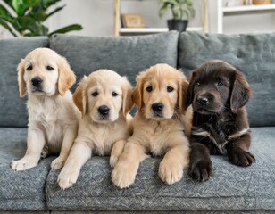 Different colored puppies golden retriever, dachshund, husky , sitting beside each other on row on the couch at home  © SandraSevJarocka