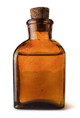 Old-fashioned brown  medical glassware for medicine, essential oil, with a cork. Antique poison or medicine bottle on white background.