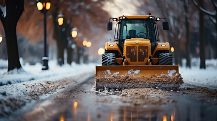yellow snowplow, tractor, bulldozer, winter, road, snow, work transport, cleaning, city, snowdrifts, blizzard, cold, bucket, wheels, sweep, rake, machinery, trees, equipment - obrazy, fototapety, plakaty