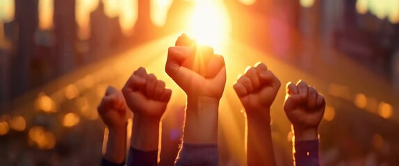 Raised fists caught in the sunset symbolize unity and strength. Silhouettes of workers raised hands during parade at dusk. Power and solidarity of a group celebrating Republic Day in India.