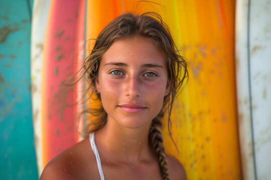 Young woman standing in front of colorful surfboards