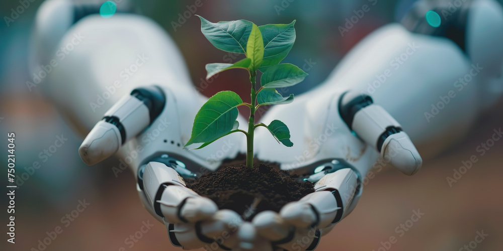 Wall mural Robot hands taking care of a growing plant