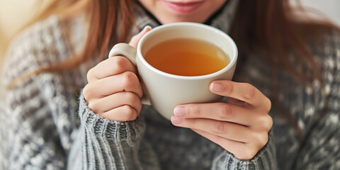 Closeup view of hands holding cup of tea, woman drinking cup of tea
