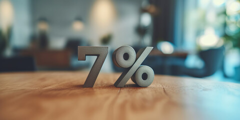 7% in metal letters on desk, percentage or interest - obrazy, fototapety, plakaty