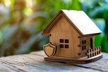 Obraz na płótnie Canvas Miniature house with shield on the front, house insurance