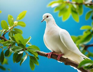 White dove sitting on a branch with green leaves on a blue background, peace and freedom dove concept