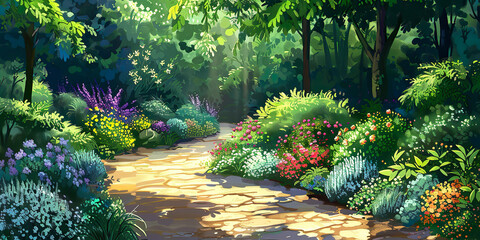 Illustration of path surrounded by nature and flowers around.