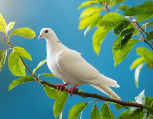 Obraz premium White dove sitting on a branch with green leaves on a blue background, peace and freedom dove concept