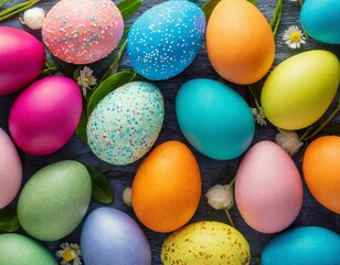 Fototapeta na wymiar Colorful pastel Easter eggs with spring blossom flowers on soft background with space for banner for happy easter time
